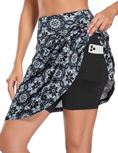 KORALHY Womens Golf Apparel, Skorts Skirts Knee Length Skirts with Pockets Athletic Long Skirts Summer for Hiking Beach 2022 Sun Protection Black Floral XL