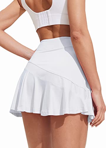 Ekouaer Sport Skirt Pleated Soft Tennis Golf Skorts with Pocket &Headphone Cable Hole Cute Activewear White