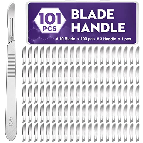 101PCS 100 Scalpel Blades with #10 Scalpels Surgical Sterile Blades Including 1 Handle,Laboratory Blade-Lab Knives- Carving Blades with Handle-Art Blades Practicing Cutting-Crafts & More