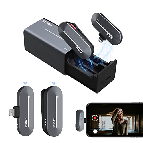 SYNCO Wireless Lavalier Microphone for iPhone, P1L 2.4GHz Lapel Mic with Charging Case for iPhone Lightning Smartphone YouTube TIK Tok Live Streaming Vlog, Wireless-Lavalier-Microphone-iPhone