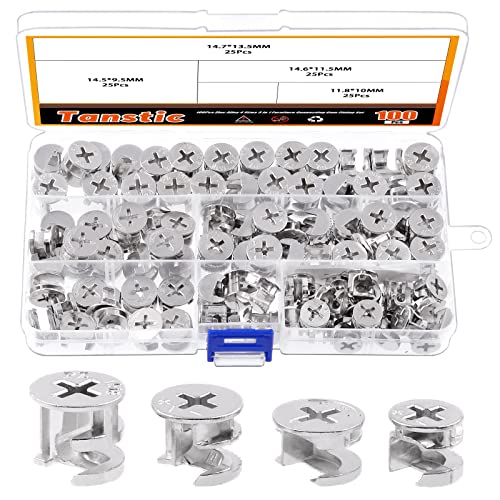 Tanstic 100Pcs 4 Sizes Furniture Connecting Cam Lock Fittings, Fastener Cabinet Connectors Hardware Bolts Furniture Connecting Lock Nut for Furniture Connecting