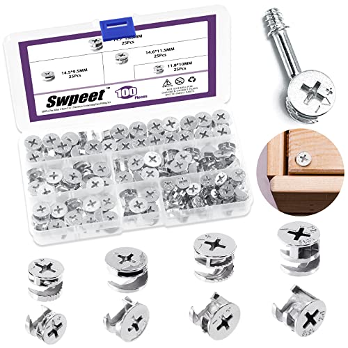 Swpeet 100Pcs 4 Sizes 3 in 1 Furniture Connecting Cam Lock Fittings Assortment Kit, Fastener Cabinet Connectors Hardware Bolts Furniture Connecting Lock Nut for Closets Bed Furniture Connecting