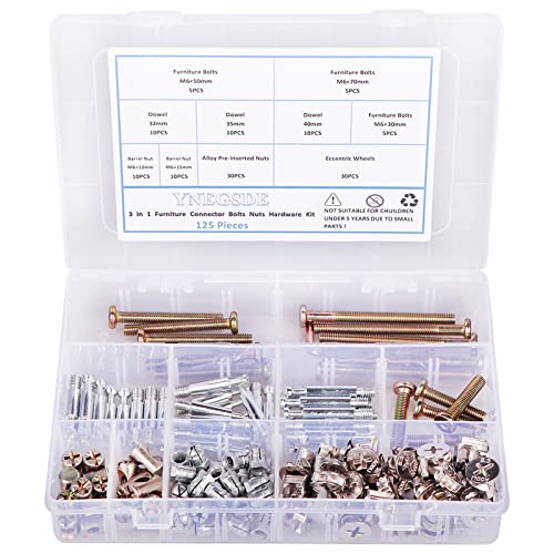 Furniture Cam Lock Fasteners 3 in 1 with Dowel and Pre-Inserted Nut with Hex Drive Socket Cap Screws Barrel Nuts Assortment Kit for Cabinet Drawer Furniture Connecting-125PCS