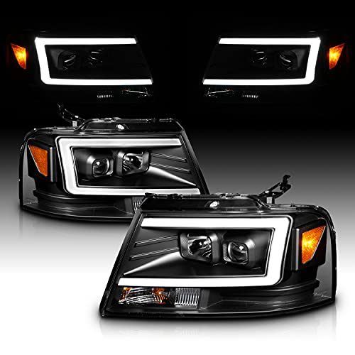 AmeriLite For 2004-2008 Ford F150 C-Type Led, Halogen, Tube Square Projector Housing Pickup Truck Headlights Assembly Pair - Driver and Passenger Side, Vehicle Light Assembly, Black
