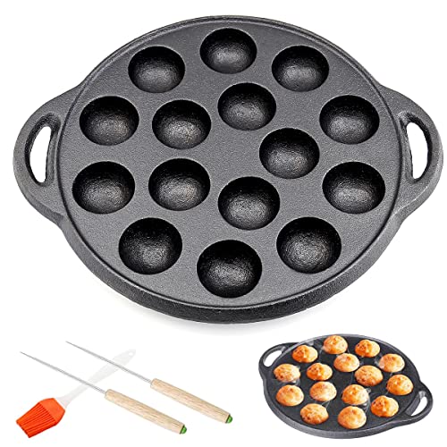 DESIGNSCAPE3D Cast Iron Takoyaki Pan - 15 Holes Takoyaki Pan for Stovetop, 8 Inch Takoyaki Grill Pan with Takoyaki Flip Tool