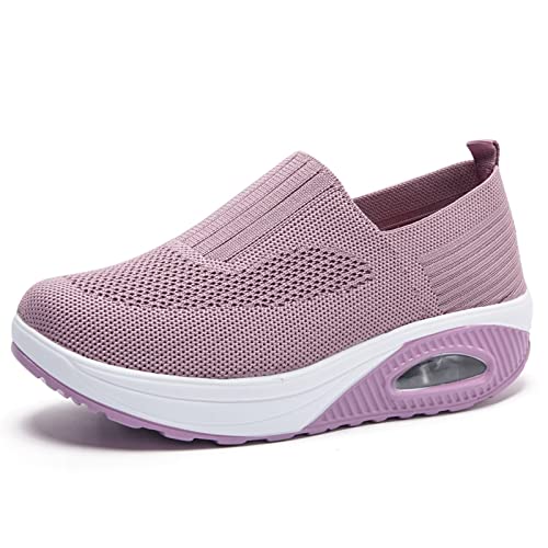 Touchmosees Women Air Cushion Slip-on Walking Shoes Orthopedic Diabetic Walking Wedge Sneaker Ladies Toning Rocker Shoes 2266-Pink-41