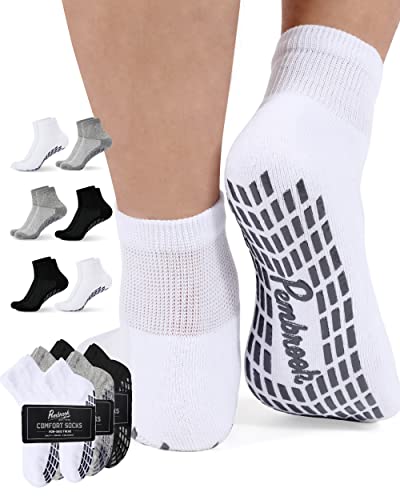 Pembrook Diabetic Ankle Socks for Men & Women with Grips | 6 Pairs Quarter Length Wide Non Binding Diabetic Socks for Men Non Slip | Edema, Neuropathy Socks for Women & Men | Loose Socks