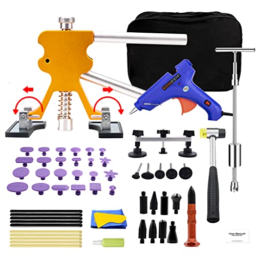 BlueFire Auto Body Paintless Dent Removal Kit 58pcs Car Dent Removal Kit Auto Dent Puller Kit Pops A Dent Car Repair Kit with Golden Lifter, Bridge Puller & Glue Gun for Car Hail Damage Door Ding Fix