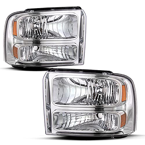 JSBOYAT Headlight Assembly Compatible with 2005-2007 Ford F250 F350 F450 F550 Super Duty / 2005 Ford Excursion Passenger and Driver Side, Chrome Housing with Amber Reflector