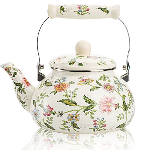 Floral Ceramic Enamel Teapot Tea Kettle for Stovetop,Large Porcelain Enameled Teakettle (Floral)