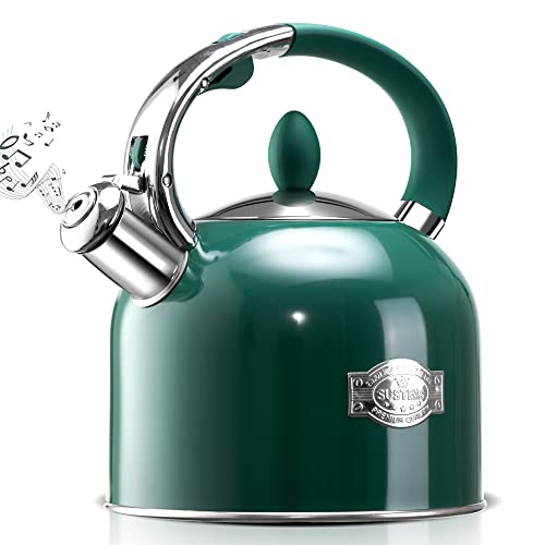 Tea Kettle - SUSTEAS 3.17QT Whistling Kettle with Ergonomic Handle - Premium Stainless Steel Tea Pots for Stove Top, Chic Vintage Teapot with Composite Base, Work for All Stovetops (Green)