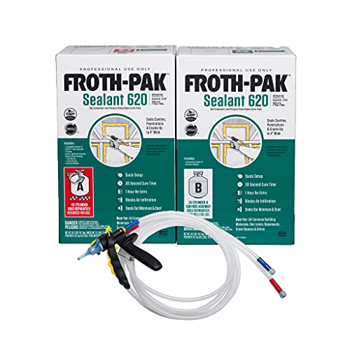 Froth-Pak 620 Spray Foam Sealant Kit, 15ft Hose. Low GWP Formula. Seals Cavities, Penetrations & Gaps Up to 4 Wide. Yields Up to 620 Board ft. Two Component, Polyurethane, Closed Cell