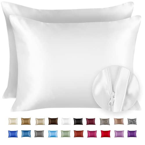 ShopBedding Satin Pillowcase for Hair and Skin Silk Pillowcases 2 Pack, Luxury Satin Pillowcases with Zipper Closure, Satin Pillow Case Cover, Queen Silk Pillowcase for Hair & Skin 2 Pack, White