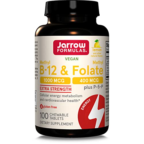 Jarrow Formulas Extra Strength Methyl B-12 & Methyl Folate - 100 Chewable Tablets, Lemon Flavored - Bioactive Vitamin B12 & B9 - Cellular Energy and Cardiovascular Support (Packaging May Vary)
