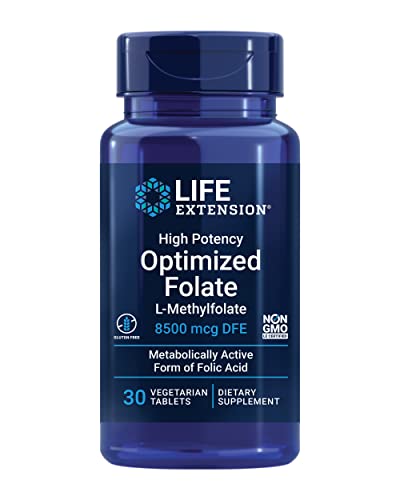 Life Extension High Potency Optimized Folate, 8500 mcg - L-Methylfolate For Brain & Heart Health - Active Form of 5-MTHF Supplement - Gluten-Free, Non-GMO, Vegetarian - 30 Count