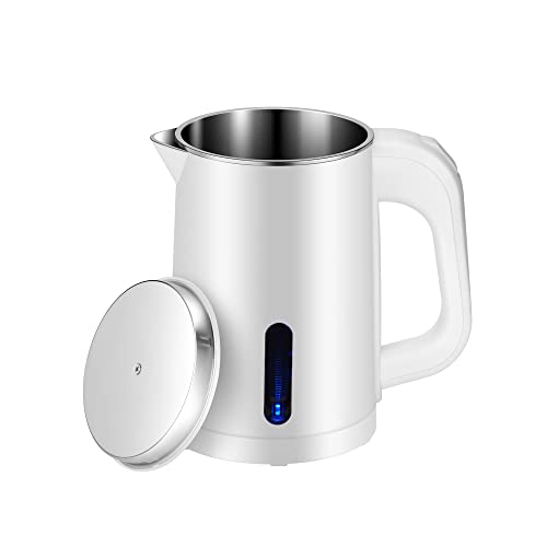 Small Electric Kettle Stainless Steel, 0.8L Portable Travel Kettle with Double Wall Construction, Mini Hot Water Boiler Heater, Electric Tea Kettle for Business Trip, Camping, Travel, Office (White)