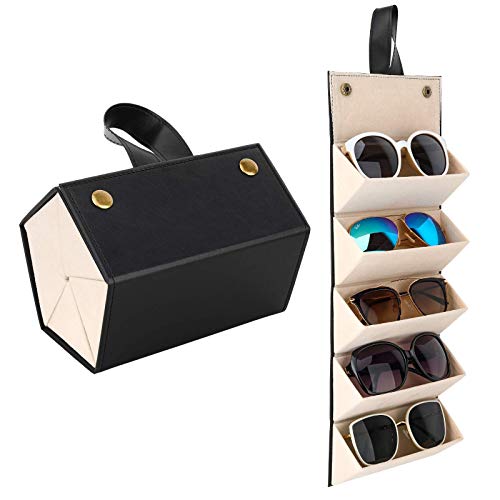 Mowsug Travel Sunglasses Organizer Case 5 Slots- Hard Shell Hanging Foldable Portable Eyeglasses Case Storage Box for Men Women Grey