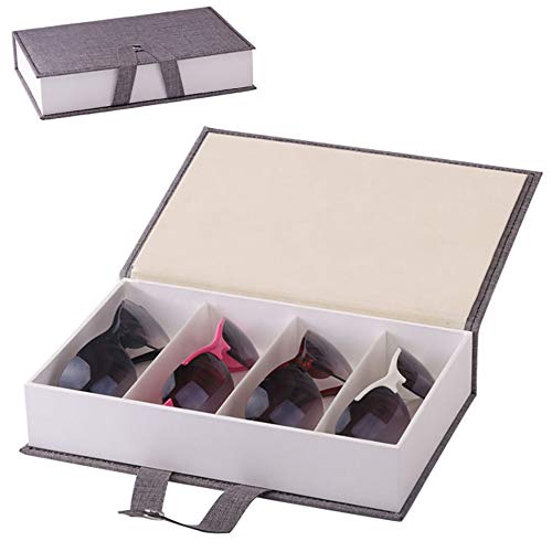 Homeanda Grey Canvas Book Style 4 Grids Eyeglass Sun Glasses Eyewear Box Tray Display Showcase Organizer Case Holder