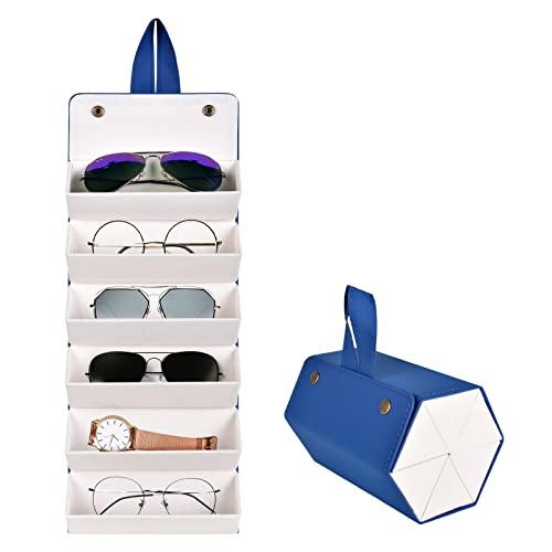 MEGREZ 6 Slots Sunglasses Organizer Box, Faux leather Foldable Woman Eyeglass Case Eyeglass Organizer Storage, Multiple Sunglass Holder for Travel, Army Blue