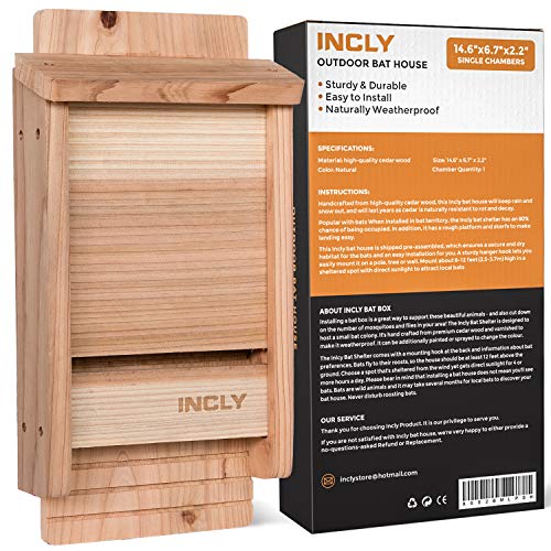 INCLY Small Bat House Kit for Outdoors 14.6"x6.7"x2.2" Shelter Box Roosting Single Chamber Natural Cedar Wood, Pre-Finished Easy to Install