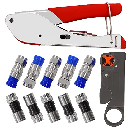 mxuteuk RG59 RG6 Coax Cable Crimper Kit Coaxial Compression Tool Fitting Wire Stripper With 10Pcs F Type RG6 Compression Connectors