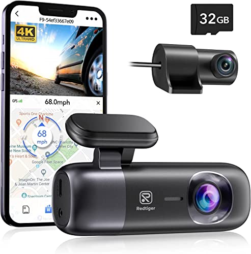 REDTIGER Dash Cam 4K Front and Rear 1080P, WiFi GPS Car Camera with Free 32GB SD Card, Dual Dash Camera for Cars, Loop Recording, Night Vision, Parking Mode, Smart App Control, Support 256GB Max