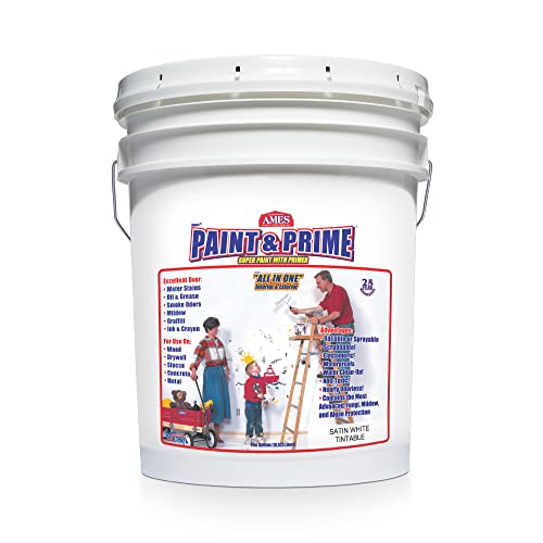 AMES Paint & Prime - 5 Gallon White Super Paint With Primer - Excellent For Use As Tile Paint, Wood Paint, Primer Paint, Concrete Paint and More - Made In The USA