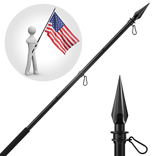 Handheld Flag Pole with Obelisk Topper, 5 to 8.5FT Pole and Embroidered American Flag for Outside Portable Carry Use, Extendable Heavy Duty Black Flagpole Kit to Fly 2 Flags Together, Spear Finial