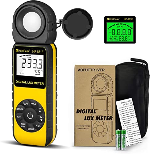 Light Meter-HOLDPEAK 881E Digital Illuminanc/Light Meter with 0.01~300,000 Lux (0.01~30,000 FC) Measuring Ranges and 270 Rotatable Detector for LED Lights and Plants Lumen Meter