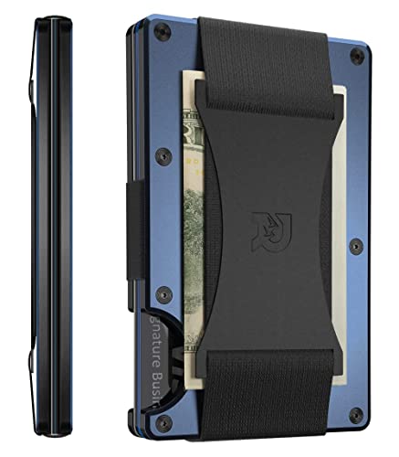 The Ridge Minimalist Slim Wallet For Men - RFID Blocking Front Pocket Credit Card Holder - Aluminum Metal Small Mens Wallets with Cash Strap (Navy)