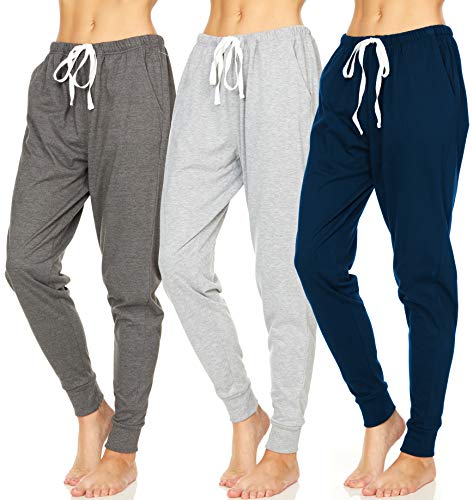 Essential Elements 3 Pack: Women's 100% Cotton Lounge Sleep Casual Pajama Bottom Jogger Sweatpants (Small, Set E)