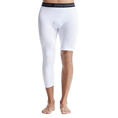 The New Men's Basketball Single Leg Tight Sports Pants 3/4 One Leg Compression Pants Athletic Base Layer Underwear (Medium, White-1)
