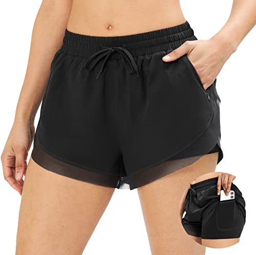 IUGA Womens Running Shorts Quick Dry 2 in 1 Running Athletic Shorts for Women with Pockets Workout Gym Yoga Active Shorts (Black, Medium)