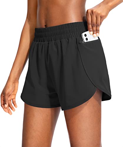Soothfeel Womens Running Shorts with Zipper Pockets High Waisted Athletic Gym Workout Shorts for Women with Liner Black