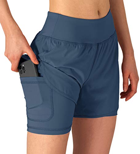 Gopune Women's 2 in 1 Running Shorts Workout Athletic Gym Yoga Shorts with Phone Pockets Blue,M