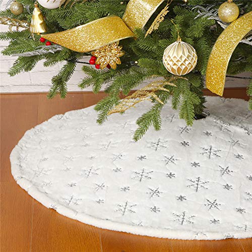 Christmas Sequin Tree Skirt 36in,White Soft Thick with Silver Snowflakes Decorations for 5FT 6FT 7FT Xmas Tree