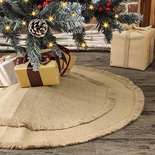 Ivenf Christmas Tree Skirt, 30 inches Small Plain Burlap Tree Skirt with Tassels, Natural Jute Tree Skirt for Xmas Home Decor Indoor, Fall Winter Rustic Christmas Decorations for Slim Pencil Tree