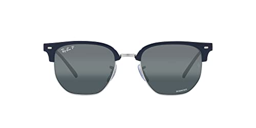 Ray-Ban RB4416 New Clubmaster Square Sunglasses, Blue on Silver/Blue Mirrored Polarized, 51 mm