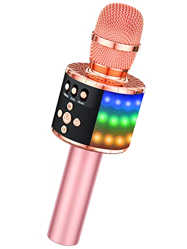 BONAOK Wireless Bluetooth Karaoke Microphone with Controllable LED Lights, 4-in-1 Portable Handheld Mic Speaker for All Smartphones, Birthday for Kids Adults All Age Q78 (Rose Gold)