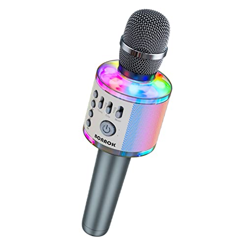 BONAOK Karaoke Microphone with LED Lights Upgraded,Wireless Bluetooth Handheld Karaoke Machine Mic & Speaker, Unique Gifts Toys for Girls Boys Adults All Ages Q37Pro (Space Gray)