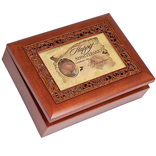 Cottage Garden Happy Anniversary Woodgrain Inlay Jewelry Music Box Plays Unchained Melody