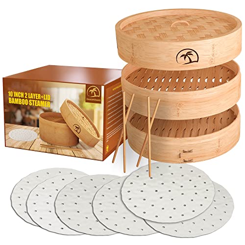 DEALZNDEALZ 3-Piece Bamboo Steamer Basket with Lid 10-inch 2-Tier, 50 Perforated Bamboo Steamer Liners with 2-Pairs of Bamboo Chopsticks