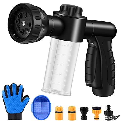 Pup Jet Dog Wash, 8 in 1 Dog Horse Jet Sprayer, Hose Nozzle Foam Sprayer with Soap Dispenser, Pet Grooming Glove, Dog Rubber Brush, for Showering Pets, Watering Plants&Lawns. (Black)