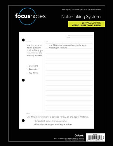 Oxford FocusNotes Note Taking System Filler Paper, 8.5 x 11 Inch, 3-Hole Punched, White, 100 Sheets (62354)