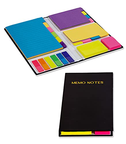 Sticky Notes Variety Set in a Padded Memo Book, 410 Pieces, Assorted Sticky Tabs: Lined, Dotted & Blank Note Tabs, Small & Mini Sticky Notes & See Through Page Markers, by Better Office Products
