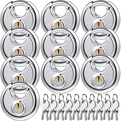 10 Pack Padlocks Alike Keyed, Stainless Steel Pad Locks with Same Key Discus Lock 2-3/4 Inch Wide 3/8 Inch Diameter Shackle, Disc Lock for Outdoor Use, Storage Unit, Sheds, Garages and Fence