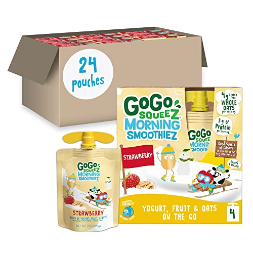 GoGo squeeZ Morning smoothieZ, Strawberry, 3 oz (Pack of 24), Gluten Free Yogurt, Fruit and Oat Smoothie Snacks for Kids, No Preservatives, No Fridge Needed, BPA Free Squeeze Pouches