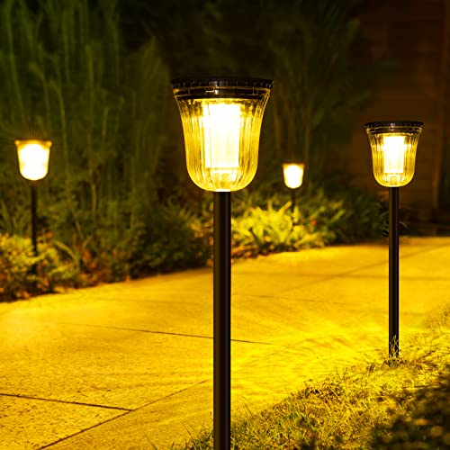 JSOT 200 Lumens Solar Pathway Lights,4 Pack Solar Outdoor Landscape Path Lights Waterproof,Bright Solar Driveway Lights,IP65 Long Last LED Solar Walkway Light for Garden,Lawn,Path.(Warm/White Light)