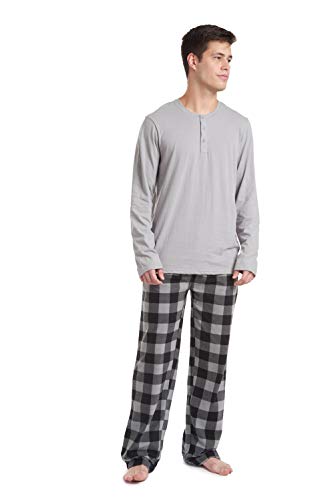 Cherokee Men's Long Sleeve Pajama Shirt and Pants Set, Cozy and Breathable Cotton Top and Micro Fleece Bottom, Grey Buffalo, Medium