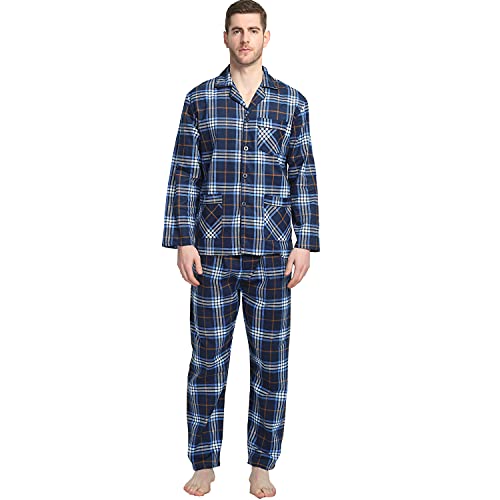 GLOBAL Men's Pajamas Sets 100% Cotton Flannel Sleepwear Long-Sleeve top & Bottom, Large